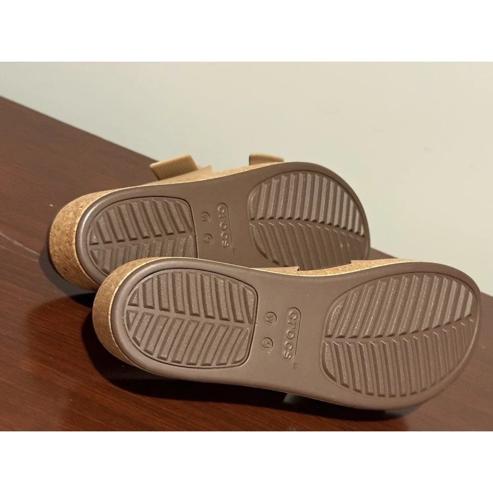 CROCS Tan and Brown Wedge Slide Sandals